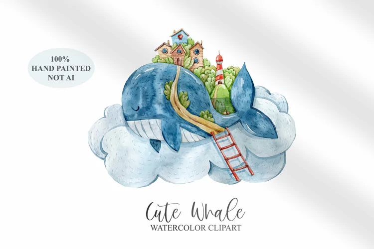 Watercolor cute whale clipart / underwater clipart- 1png