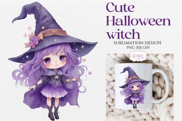Cute Watercolor witch PNG for sublimation | Halloween design