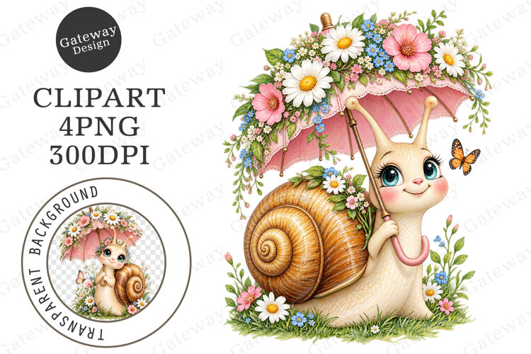 Cute Whimsical Snail Flower Clipart example image 1