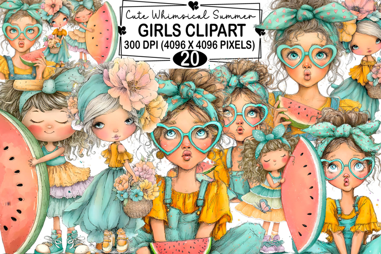 Whimsical Summer Girls Clipart Watercolor png