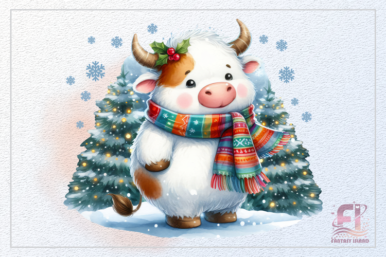 Cute White Baby Cow | Winter Sublimation PNG | Watercolor