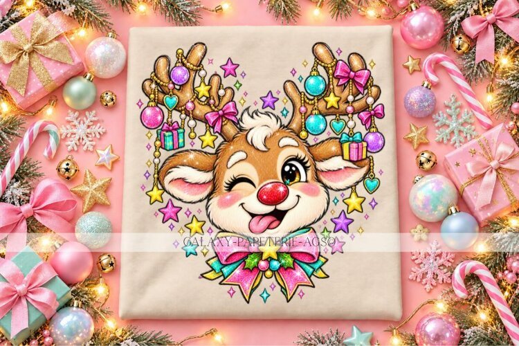 Cute Reindeer Face PNG with Christmas Ornament Charms example image 1