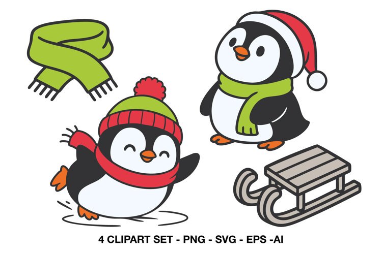 Cute winter penguin clipart with scarf Santa hat and sled