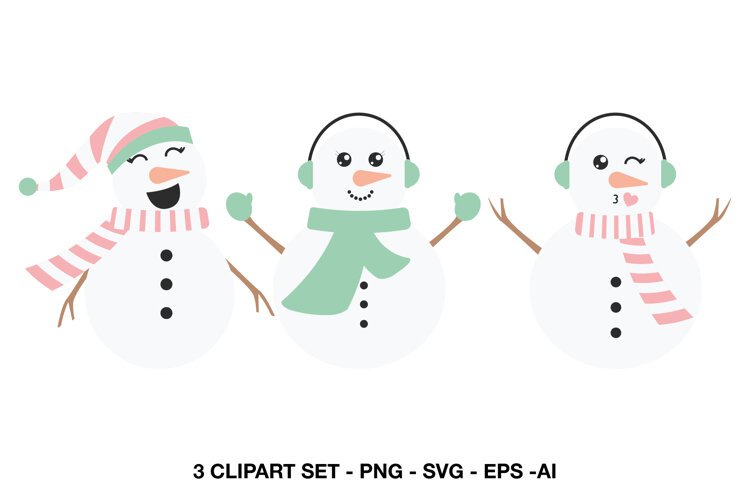 Cute winter snowman clipart with three cheerful pastel snowman characters