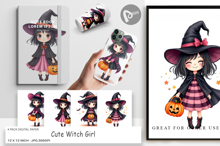 Cute Witch Girl Digital Paper