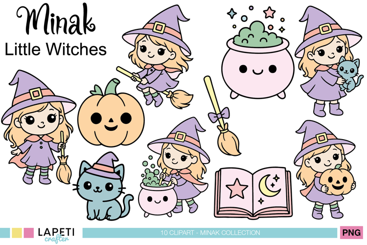 Little Witch Clipart Set, Cute Halloween Pastel Girl PNG