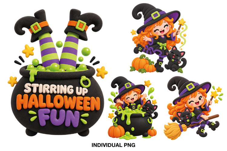 Cute Halloween witch designs with cauldron, black cat, pumpkins and broomstick