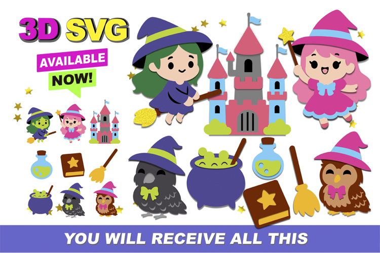 Cute witch kawaii 3D SVG