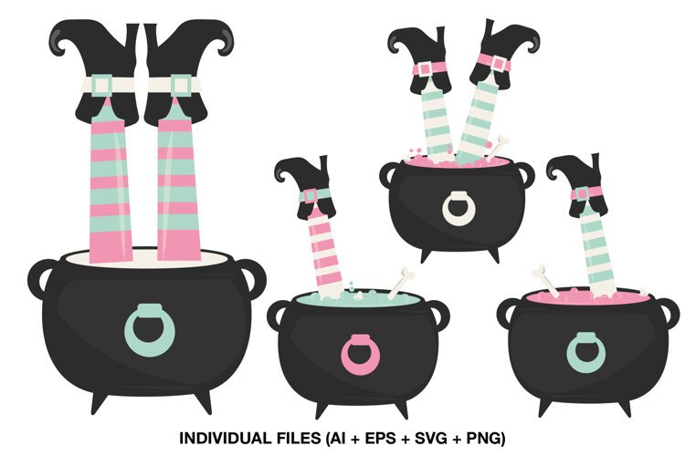 Four cute Halloween witch legs clipart illustrations featuring black cauldrons, pastel striped stockings and curly witch boots.