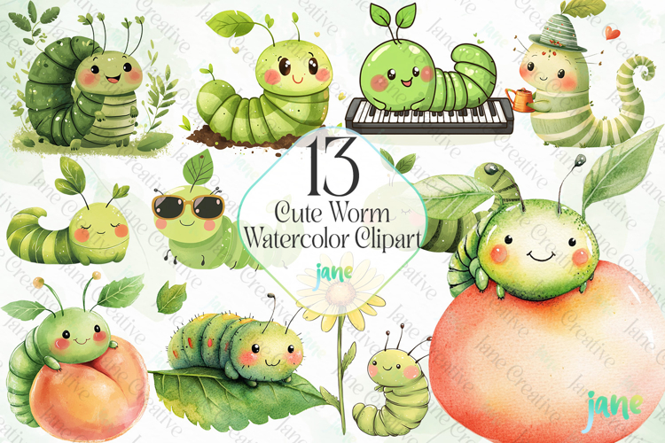 Cute Worm Watercolor Clipart