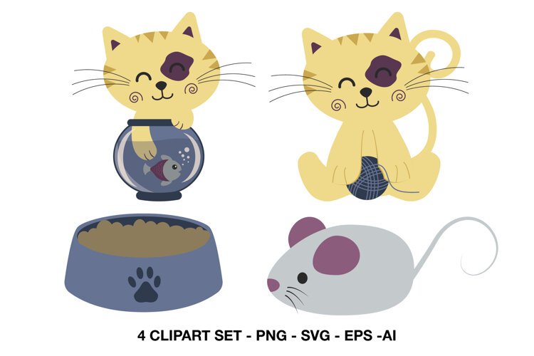 Cute yellow cat clipart with fish bowl yarn food bowl and mouse