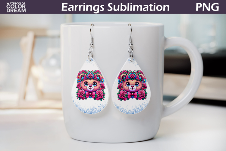 Bear Roses Teardrop Earrings | Cute Animal Floral Earrings example image 1