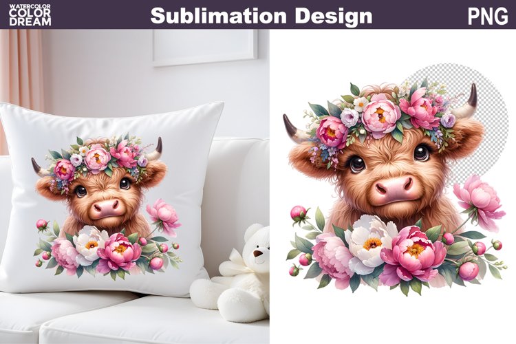 Cute Highland Cow Peonies Sublimation | Baby Cow Clipart
