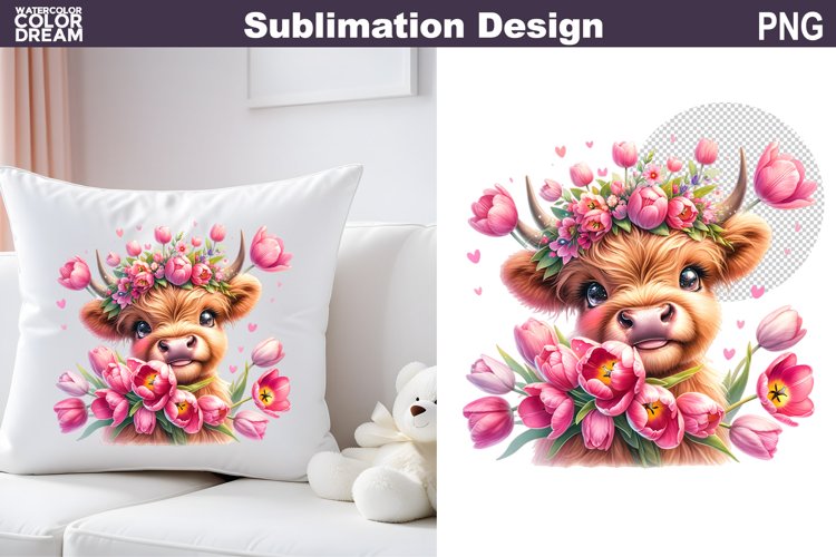 Cute Highland Cow Tulip Sublimation | Baby Cow Clipart