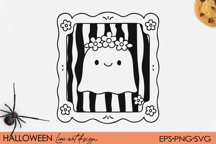 Cute Kawaii Ghost with Flower Crown, Halloween Frame SVG PNG