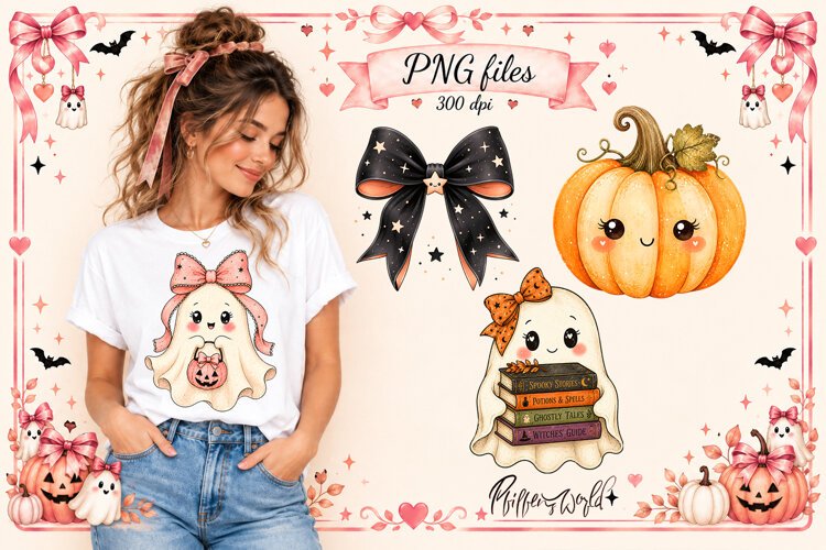 Coquette Halloween Ghost Clipart Designs | Bow and Pumpkin example image 1