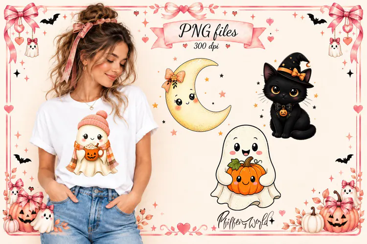 Coquette Halloween Ghost Clipart Designs | Moon and Cat