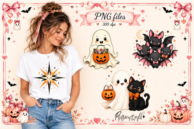 Coquette Halloween Ghost Clipart Designs | Bats and Star