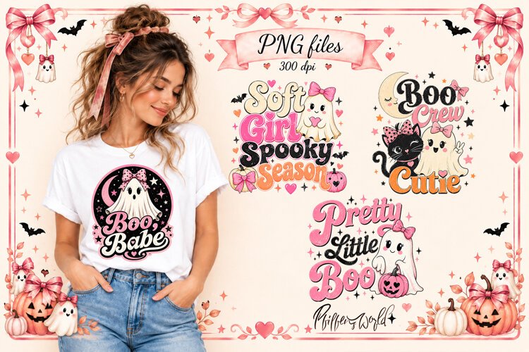 Cute Ghost Sublimation PNG | Pink Bow Halloween Art example image 1
