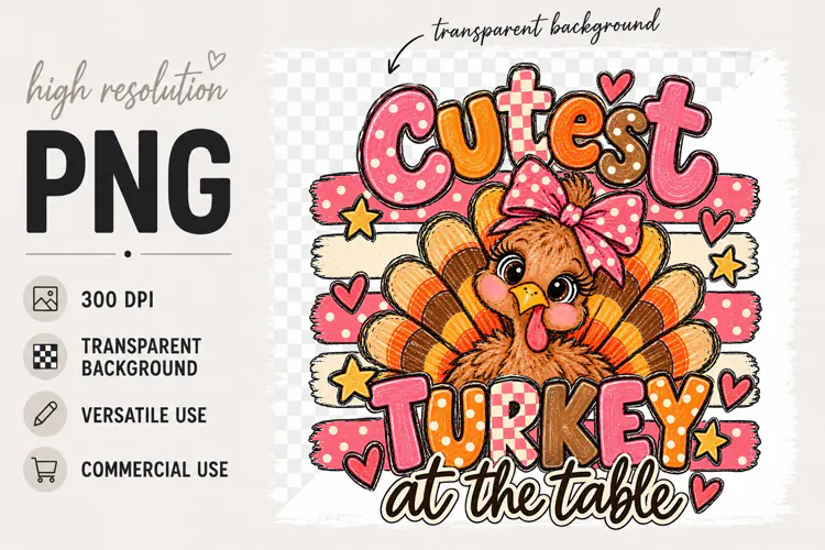 Girl Thanksgiving Sublimation, Cutest Turkey at Table png