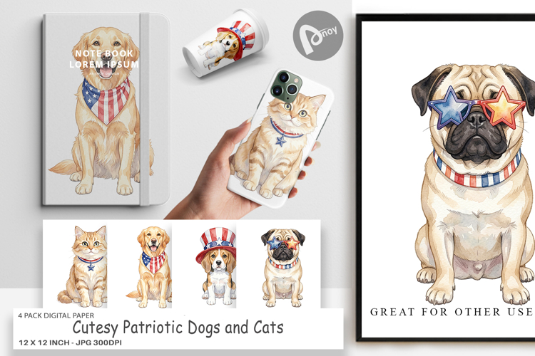 Patriotic Dogs and Cats Digital Paper