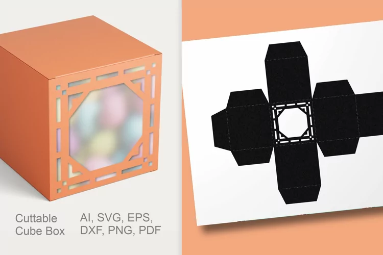 Cuttable Cube Gift Box Decorative Octagonal Window Holes SVG