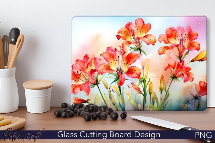 Glass Cutting Board Design | Watercolor Alstroemeria