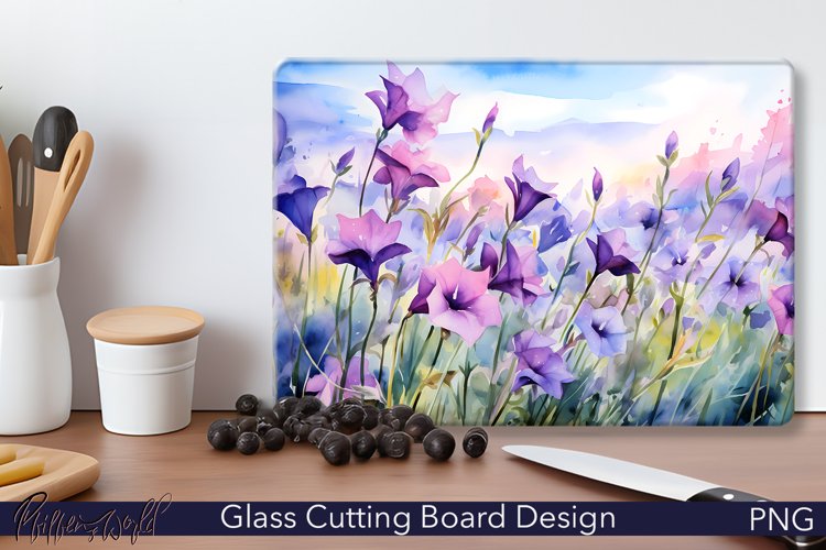 Glass Cutting Board Design | Watercolor Bellflowers PNG