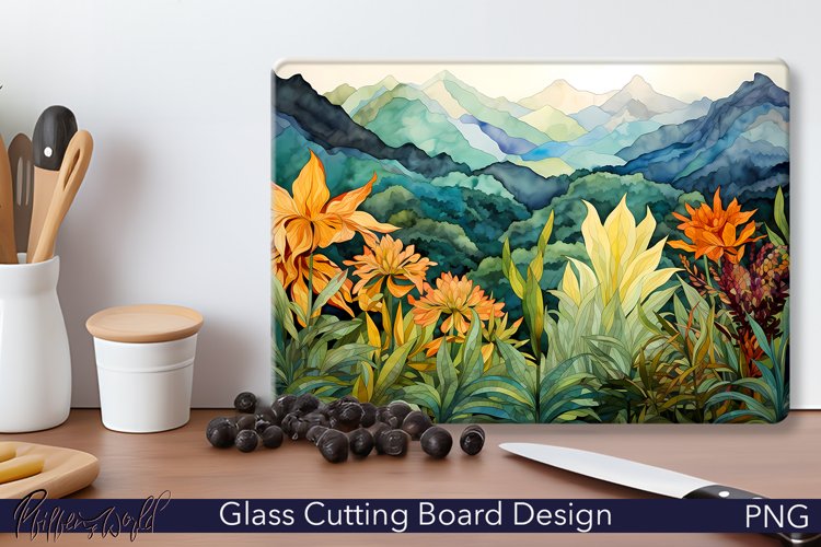 Glass Cutting Board Design | Watercolor Mountains | Tropical