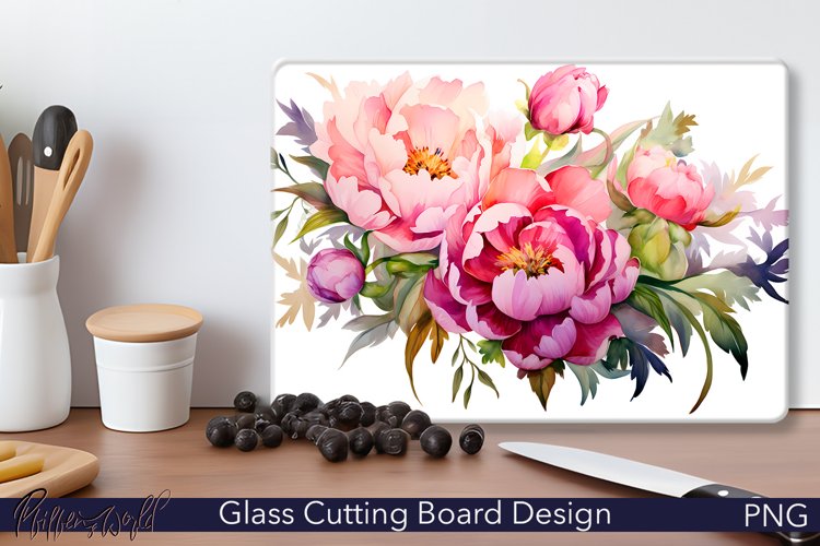 Glass Cutting Board Design | Watercolor Peonies