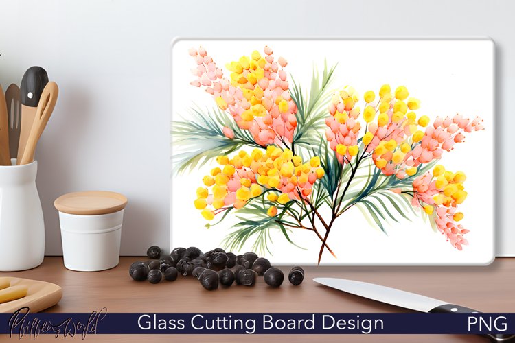 Glass Cutting Board Design | Watercolor Mimosa flowers