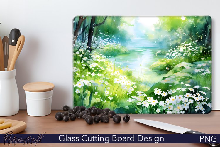 Glass Cutting Board Design | Watercolor Jasmine meadow