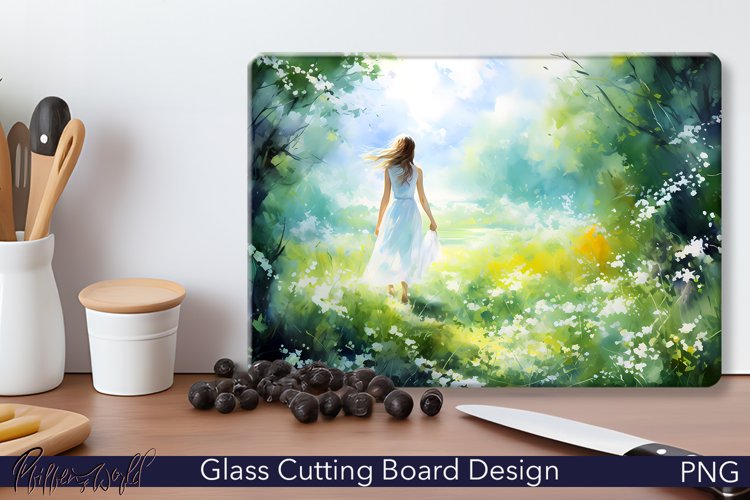 Glass Cutting Board Design | Watercolor Meadow and Girl