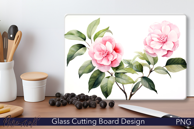 Glass Cutting Board Design | two pink flowers