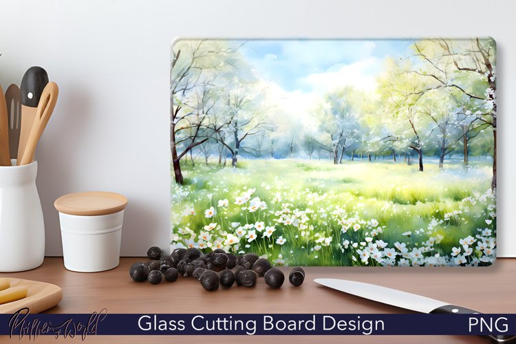 Glass Cutting Board Design | Watercolor Floral Landscape
