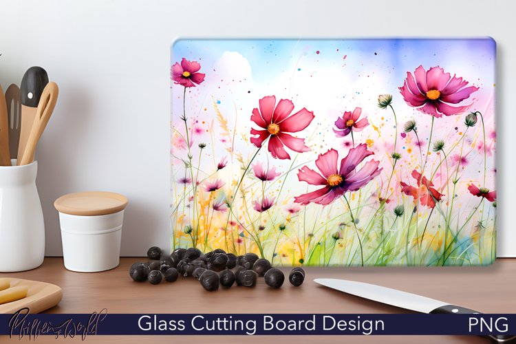 Glass Cutting Board Design | Colorful Cosmos meadow