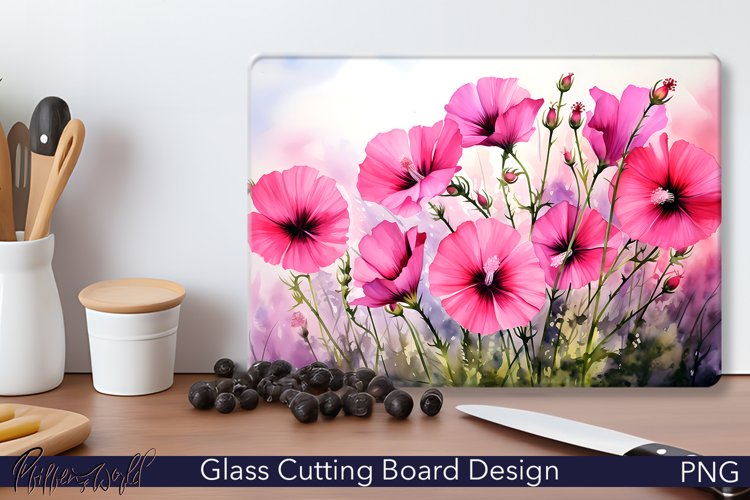 Glass Cutting Board Design | Watercolor Lavatera