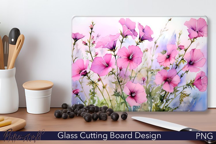 Glass Cutting Board Design | Watercolor Lavatera Flowers example image 1
