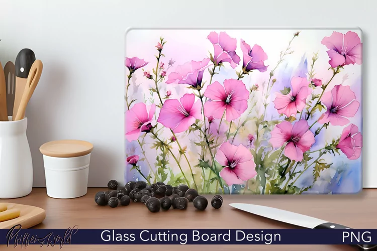 Glass Cutting Board Design | Watercolor Lavatera Flowers