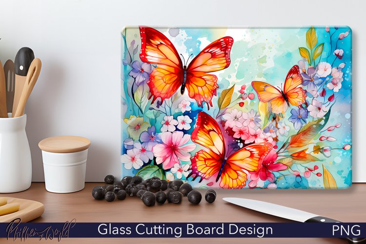 Glass Cutting Board Design | Watercolor Butterflies | Pink