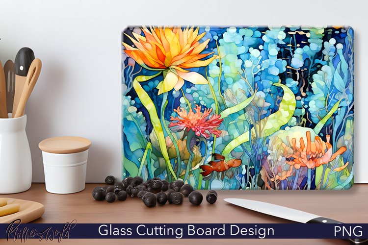 Glass Cutting Board Design | Underwater | Blue and Orange example image 1