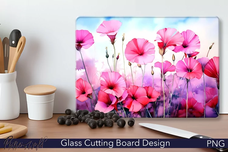 Glass Cutting Board Design | Pink Wildflowers Meadow