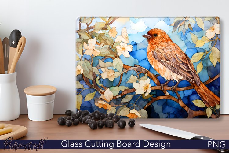 Glass Cutting Board Design | Bird and Spring Flowers PNG example image 1