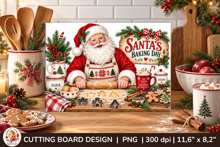 Christmas cutting board PNG design with Santa baking cookies example image 1