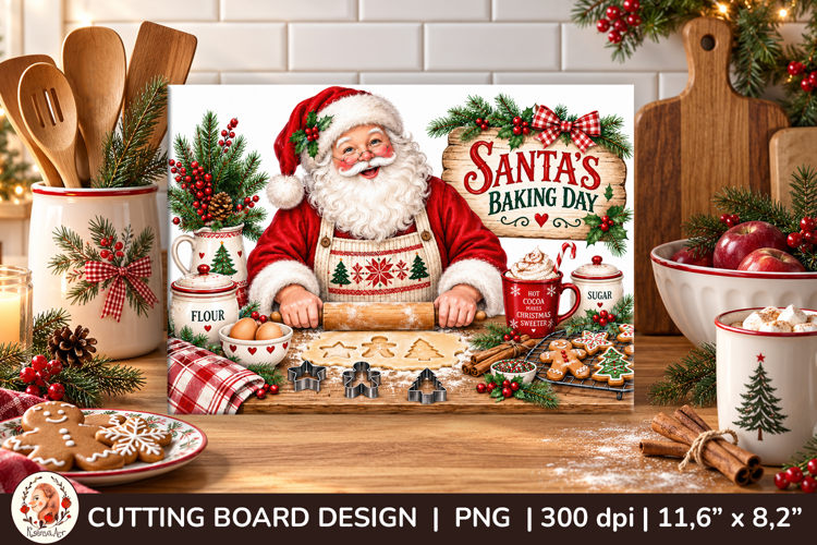 Christmas cutting board PNG design with Santa baking cookies