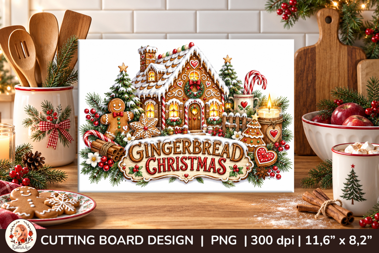 Christmas cutting board PNG with vintage baking scene