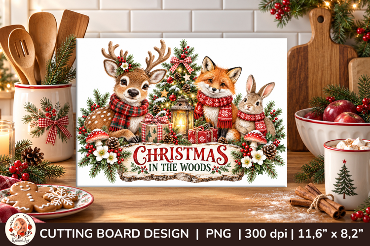 Christmas cutting board PNG with vintage baking scene