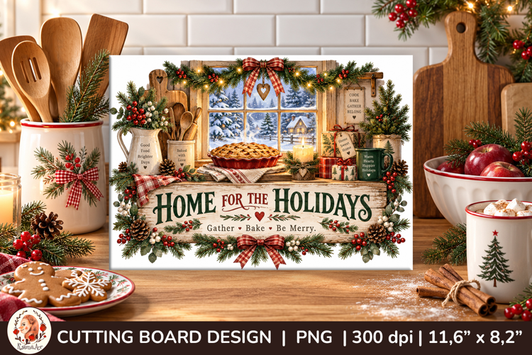Christmas cutting board PNG with vintage baking scene