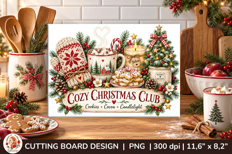 Christmas cutting board PNG with vintage baking scene example image 1