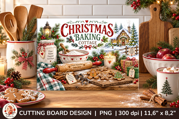 Christmas cutting board PNG with vintage baking scene example image 1
